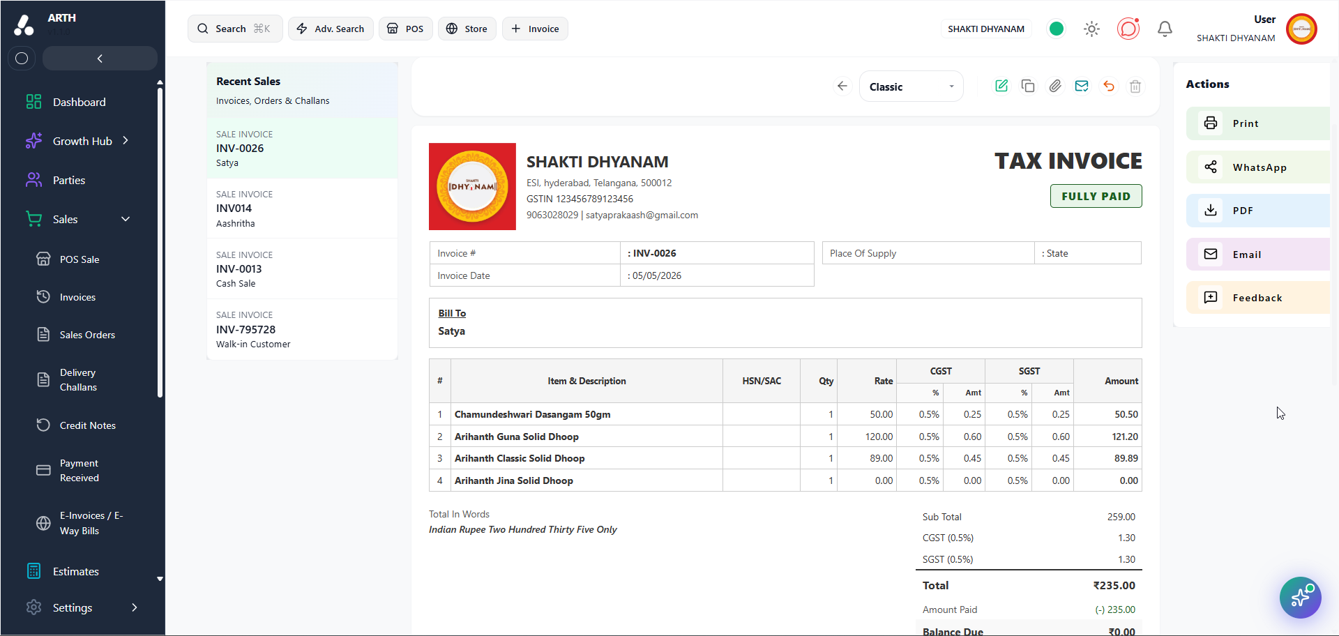 Arth GST Invoice