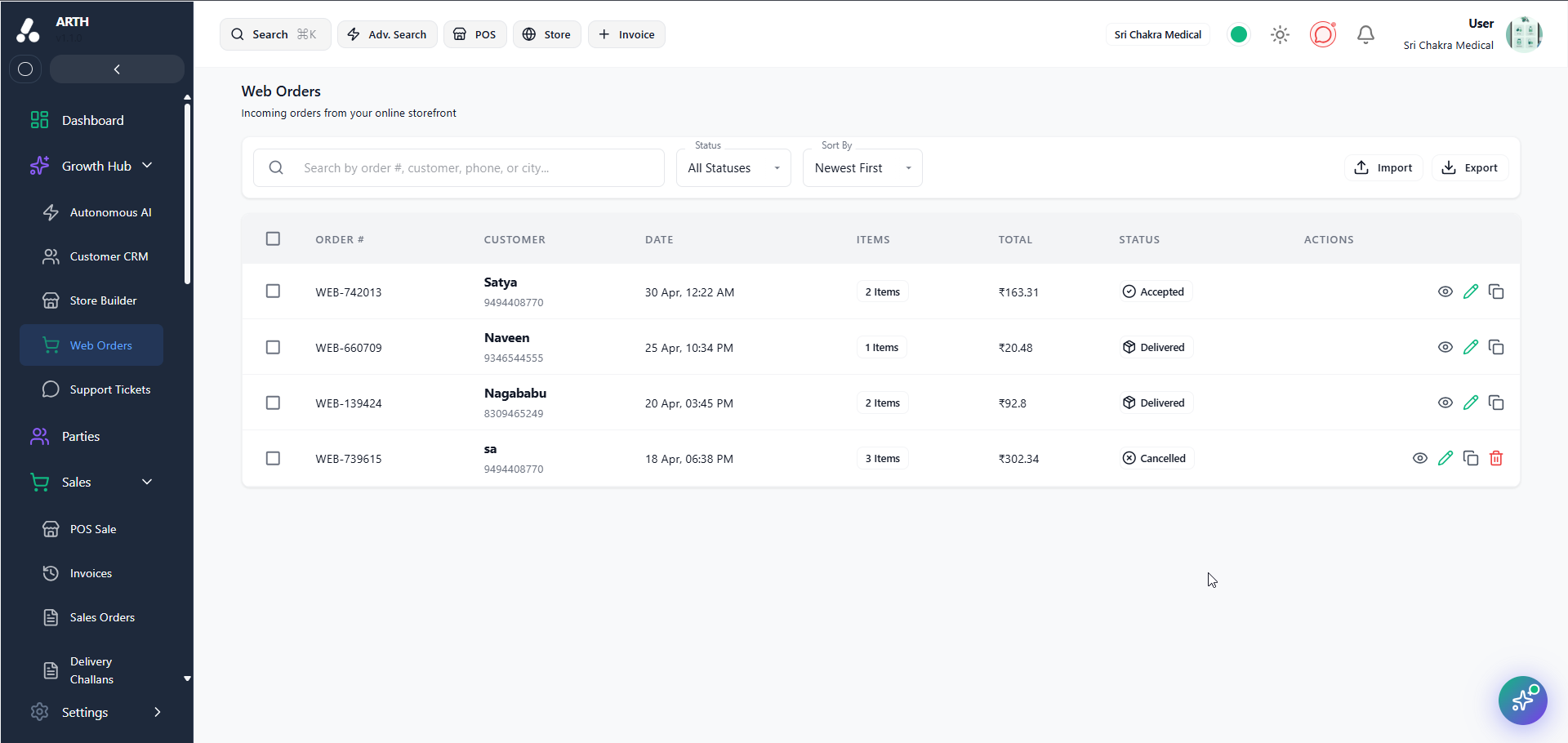 Arth Order Management Dashboard