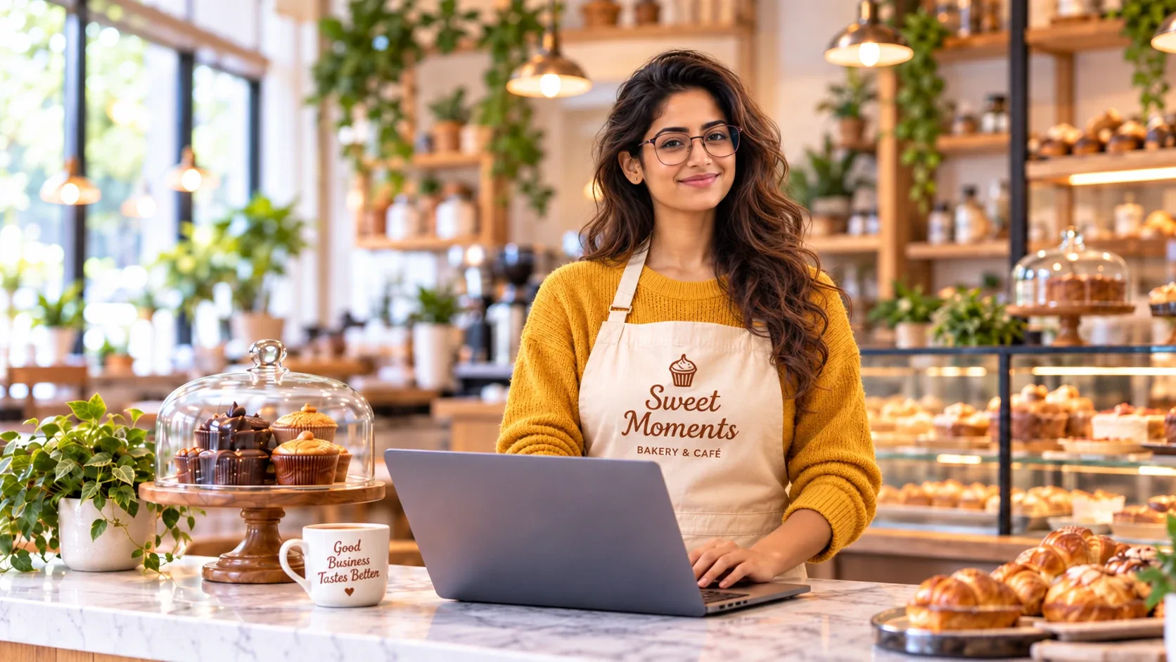 A bakery owner at her counter with her laptop