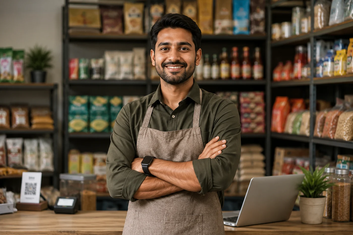 A shop owner standing at his counter