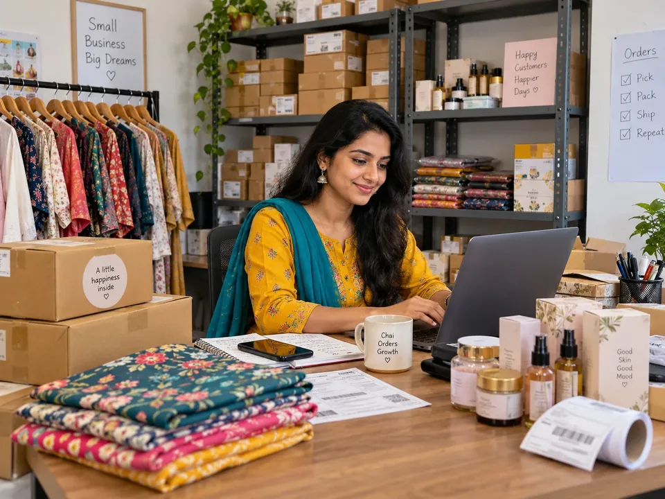 A brand owner packing online orders at her desk