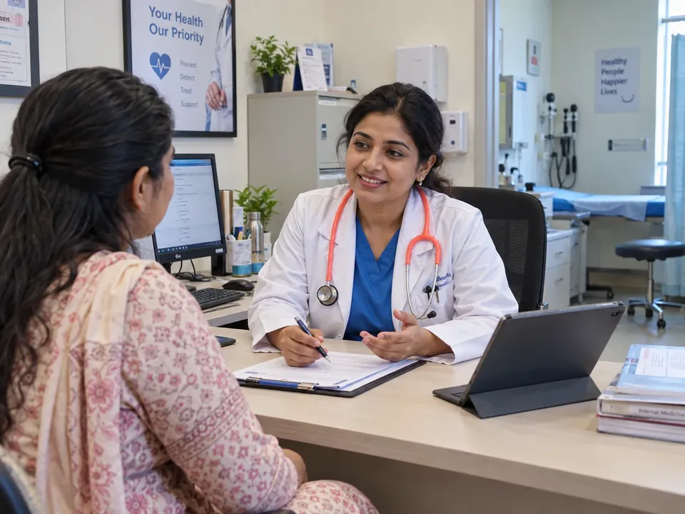A doctor talking with a patient in her clinic