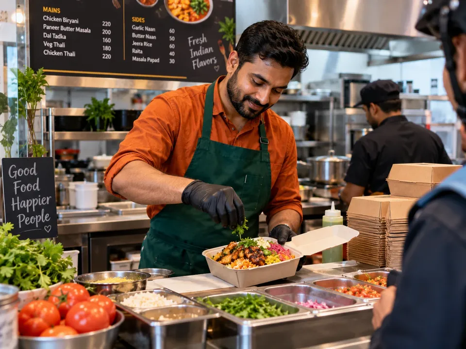 A restaurant owner packing a takeaway order