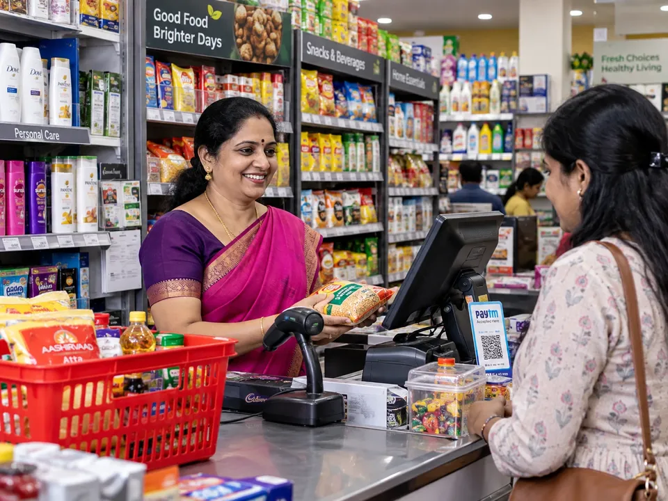 A shop owner billing a customer at the counter