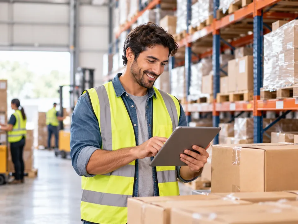 A warehouse manager checking stock on a tablet